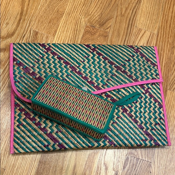 vintage mayan Woven wicker Clutch and Wallet Set Pink Trim purple green bundle - Picture 13 of 13